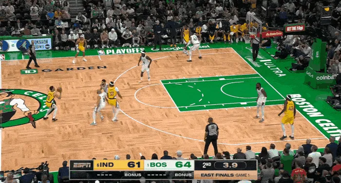 一箭穿心！哈里·洛格三分命中 半场结束步行者队64-64追平绿军